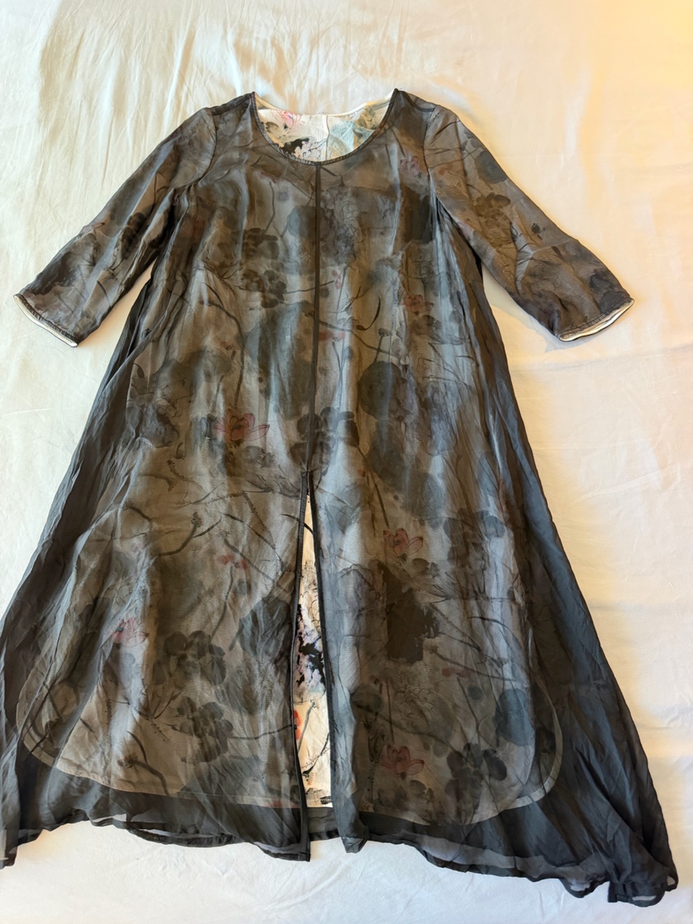 Sheer Floral Silk Dress in Smoke Gray